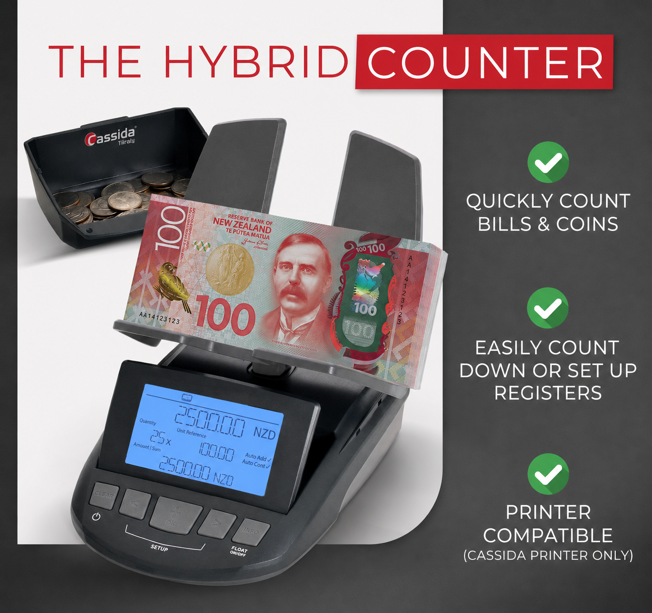Cassida® Till Tally™ note and coin counting scales - Money Counter