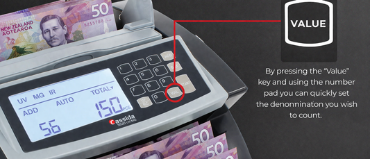 Cassida® 5520 banknote counter for New Zealand banknotes.